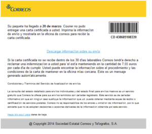 Ejemplo de ransomware en un email de Correos