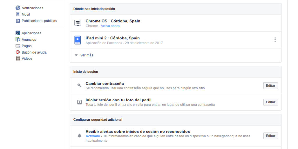 Sesiones abiertas en Facebook